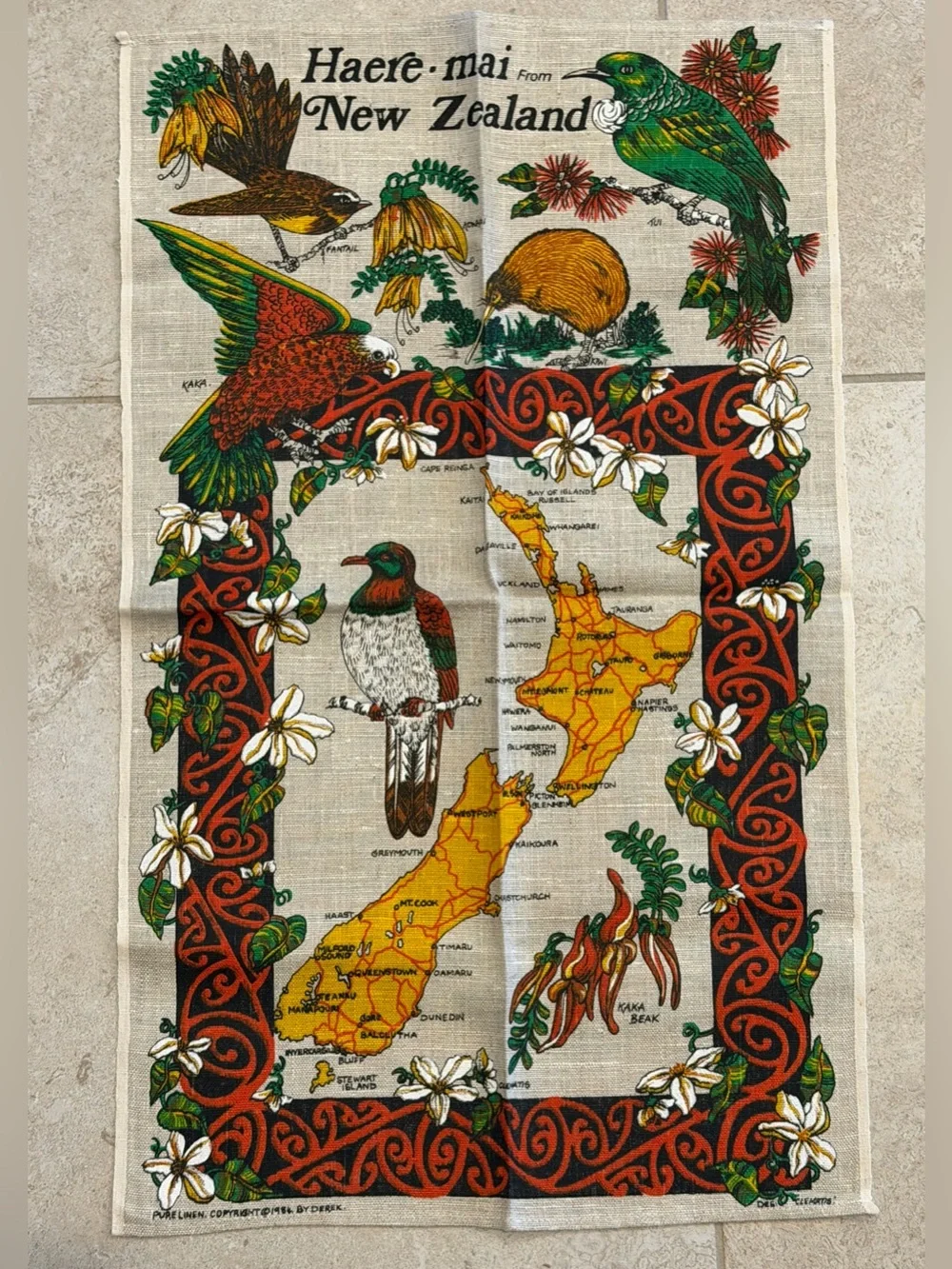Vintage Derek of New Zealand Colorful Linen Souvenir Tea Towel Clematis NEW